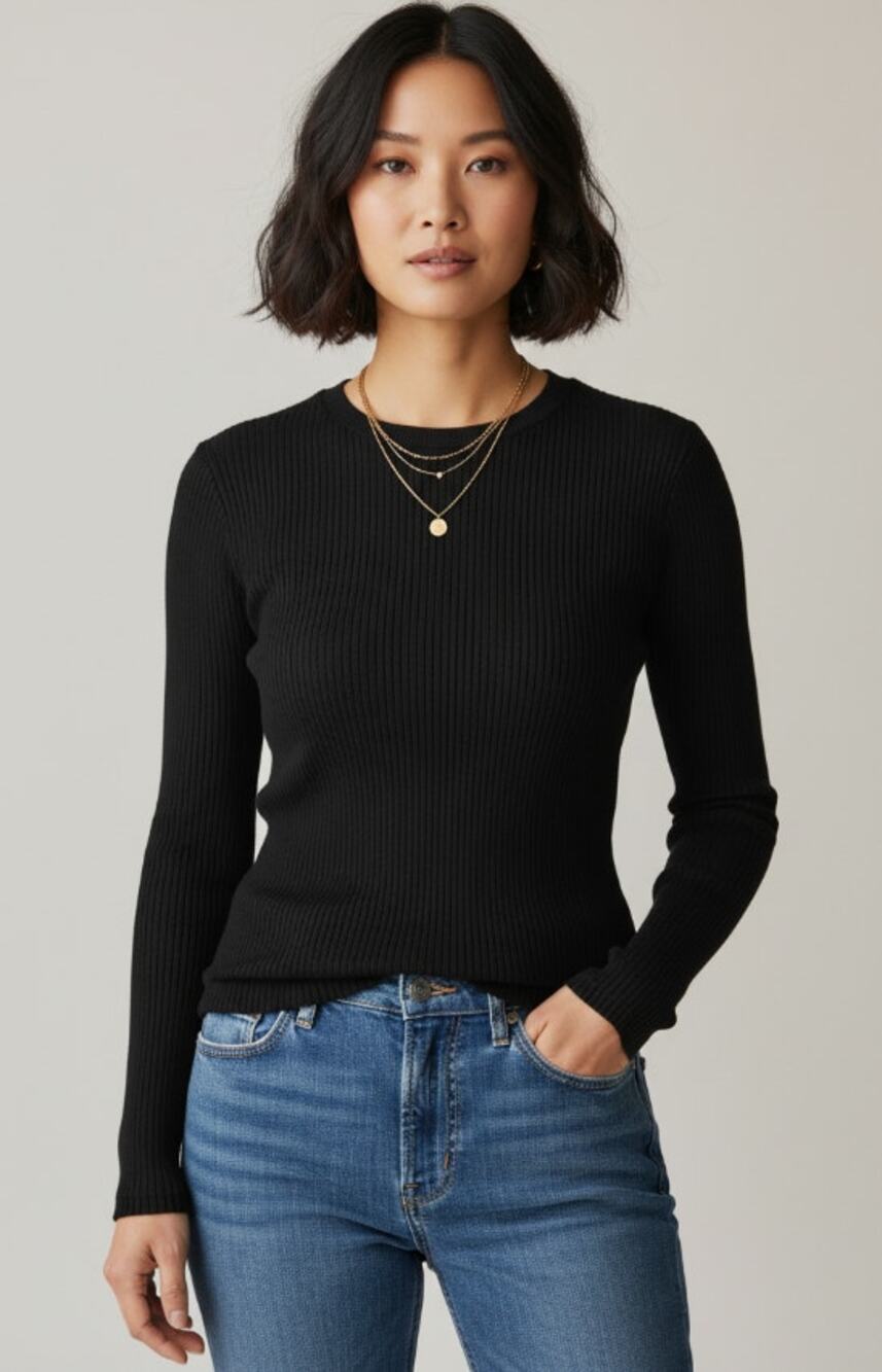 EILEEN FISHER RIBBED BLACK LONG-SLEEVE STRETCH T-SHIRT WOMENS SIZE SMALL
